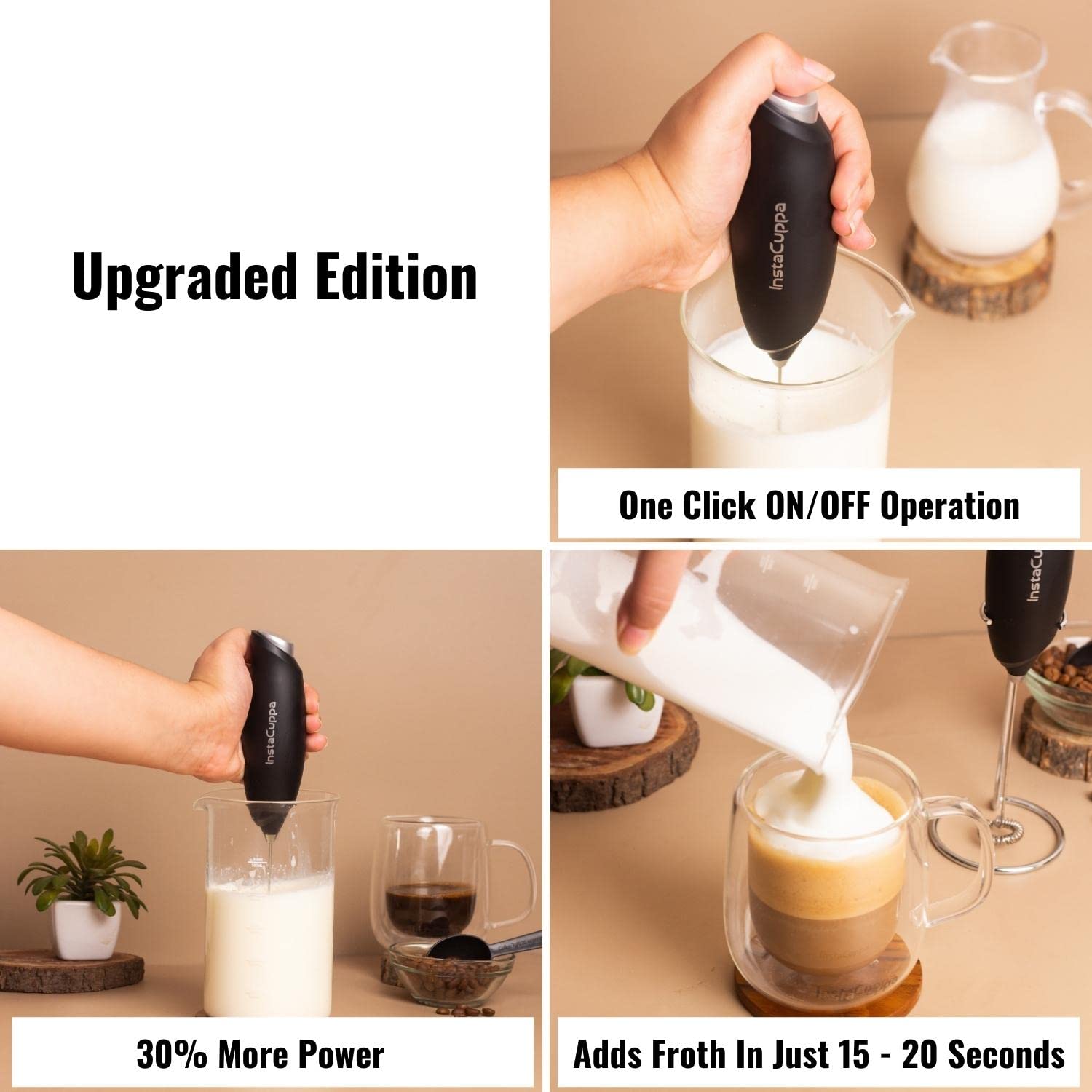 InstaCuppa Milk Frother for Coffee - Handheld Battery Operated Electric Milk and Coffee Frother, Portable Foam Maker with Stainless Steel Stand