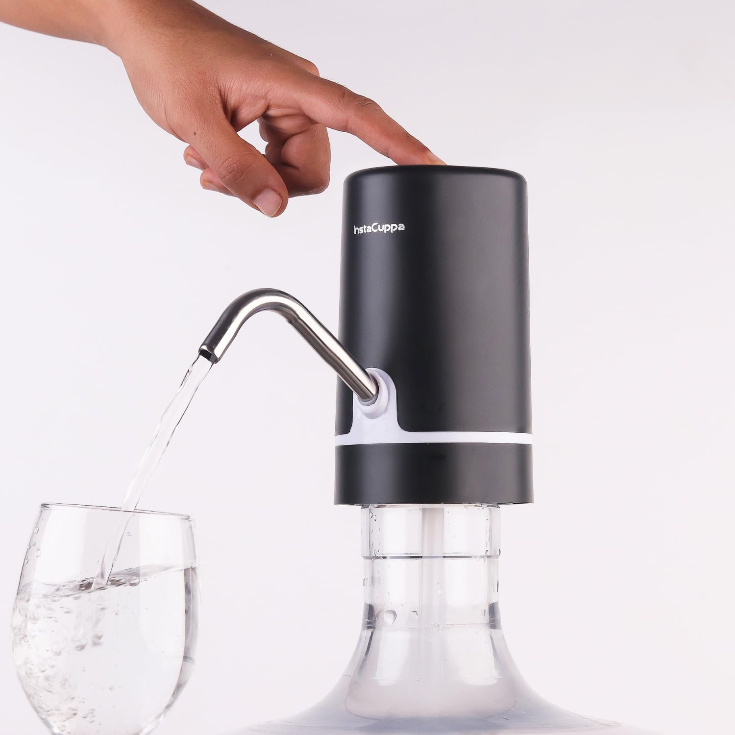 InstaCuppa Automatic Water Dispenser for 20 Liter Cans with Child Lock Feature, USB Rechargeable, Steel Water Outlet, LED Display