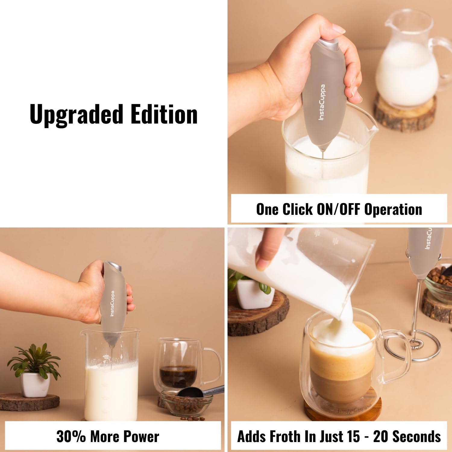 InstaCuppa Milk Frother for Coffee - Handheld Battery-Operated Electric Milk and Coffee Frother, Stainless Steel Whisk and Stand, Portable Foam Maker for Coffee - Upgraded Version