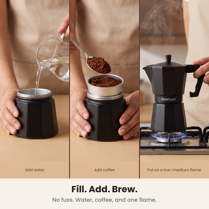 InstaCuppa Aluminium Moka Pot - Black - fill, screw, brew on the stove · 300 ml · 6 cup