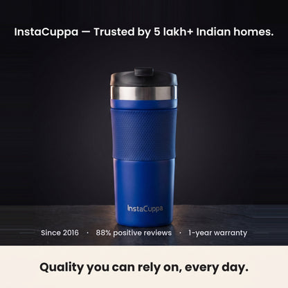 Navy blue InstaCuppa French Press Travel Mug trusted by 5 lakh plus Indian homes since 2016 with 1-year warranty