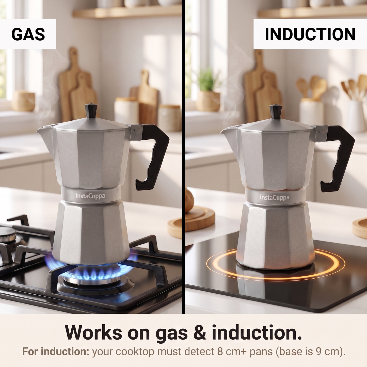 InstaCuppa Aluminium Moka Pot - Silver - brews on the gas stovetop · 300 ml · 6 cup