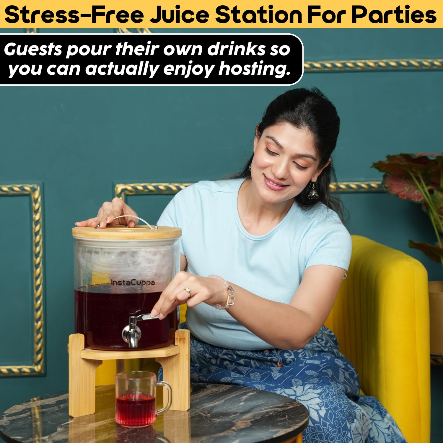 InstaCuppa 5L Glass Beverage Dispenser for Busy Moms | Inbuilt Thermometer | Thick Borosilicate Glass | Bamboo Stand, Steel Tap | for Juices, Hot & Iced Drinks, Parties & Picnics