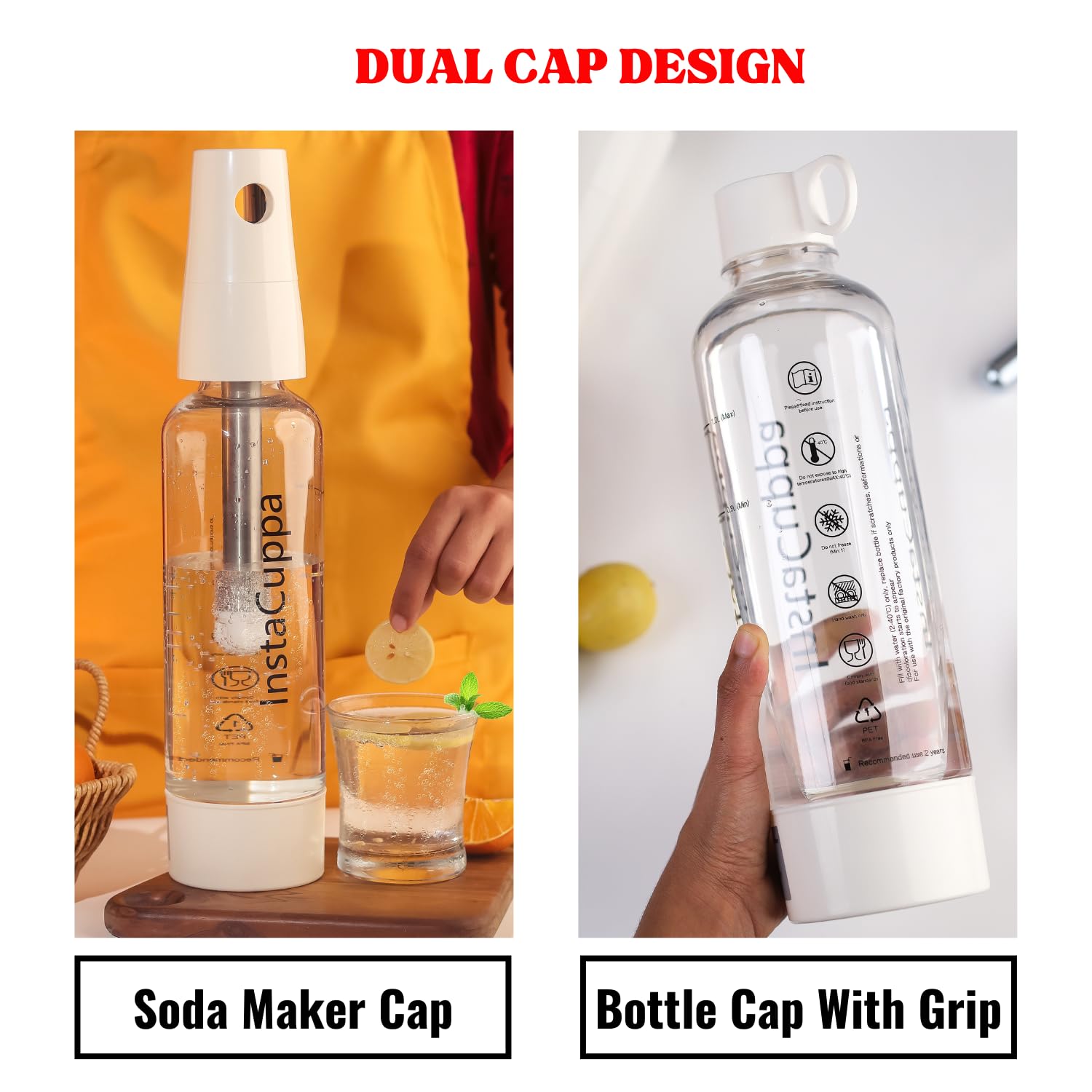 InstaCuppa Portable Soda Maker, Perfect for Busy Moms To Make Lemon Flavored Soda, Jaljeera, Sparkling Water, Mocktails, Fruit Spritzers In Just 30 Seconds Anywhere, Includes 10 Soda Capsules & 2 Lids