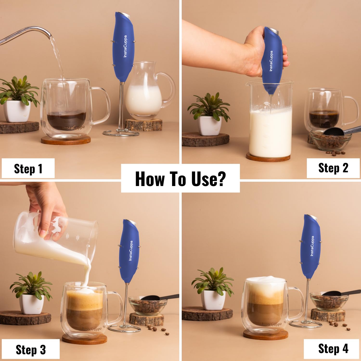 InstaCuppa Milk Frother for Coffee - Handheld Battery-Operated Electric Milk and Coffee Frother, Stainless Steel Whisk and Stand, Portable Foam Maker for Coffee - Upgraded Version