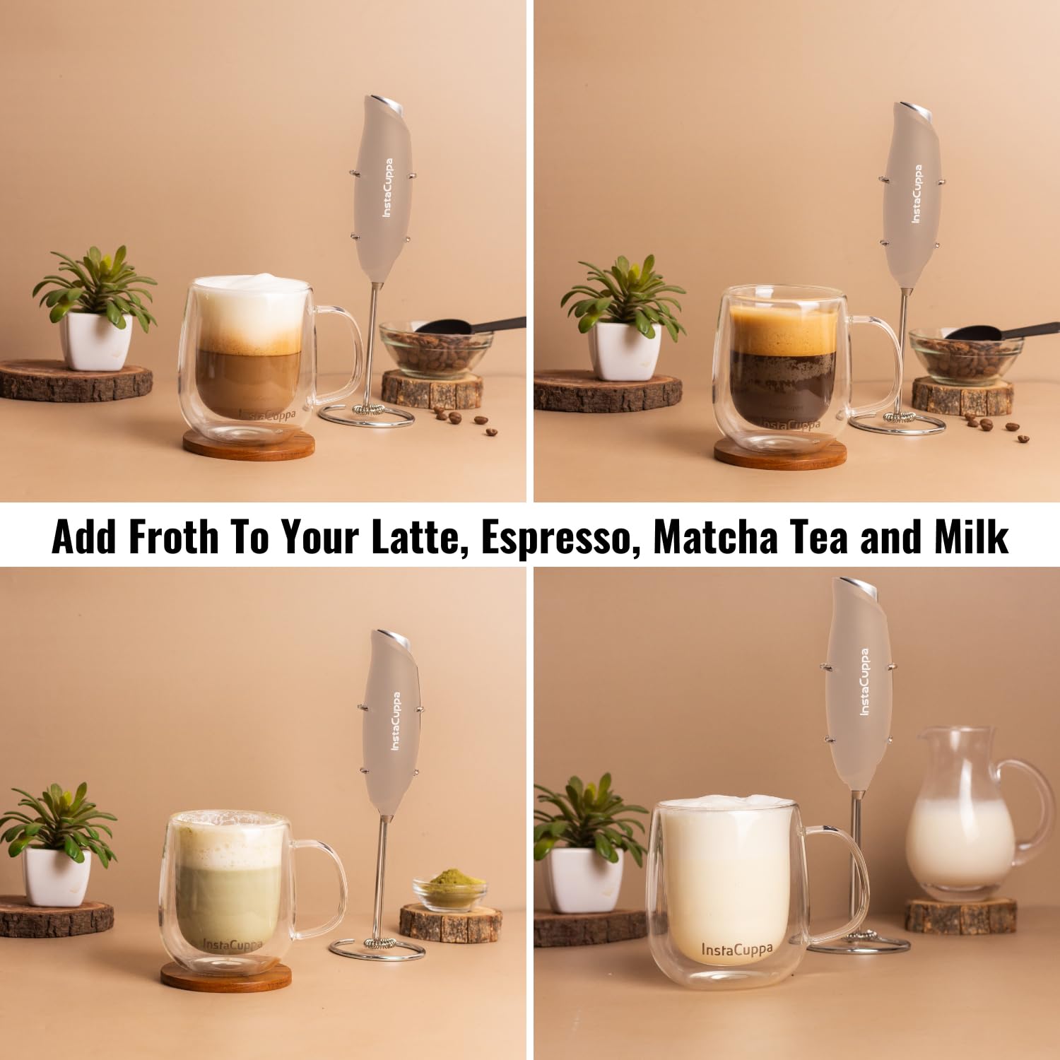 InstaCuppa Milk Frother for Coffee - Handheld Battery-Operated Electric Milk and Coffee Frother, Stainless Steel Whisk and Stand, Portable Foam Maker for Coffee - Upgraded Version