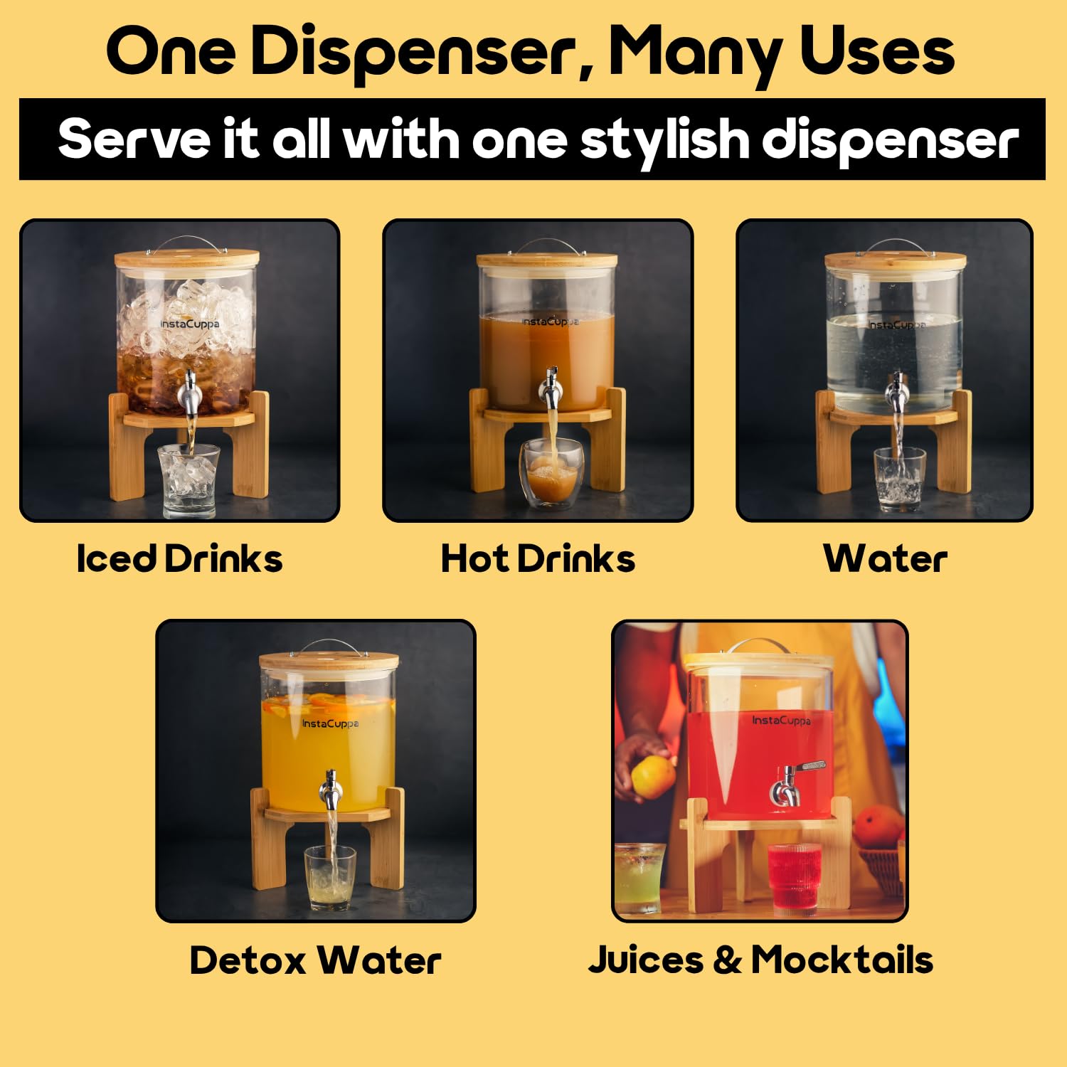 InstaCuppa 5L Glass Beverage Dispenser for Busy Moms | Inbuilt Thermometer | Thick Borosilicate Glass | Bamboo Stand, Steel Tap | for Juices, Hot & Iced Drinks, Parties & Picnics