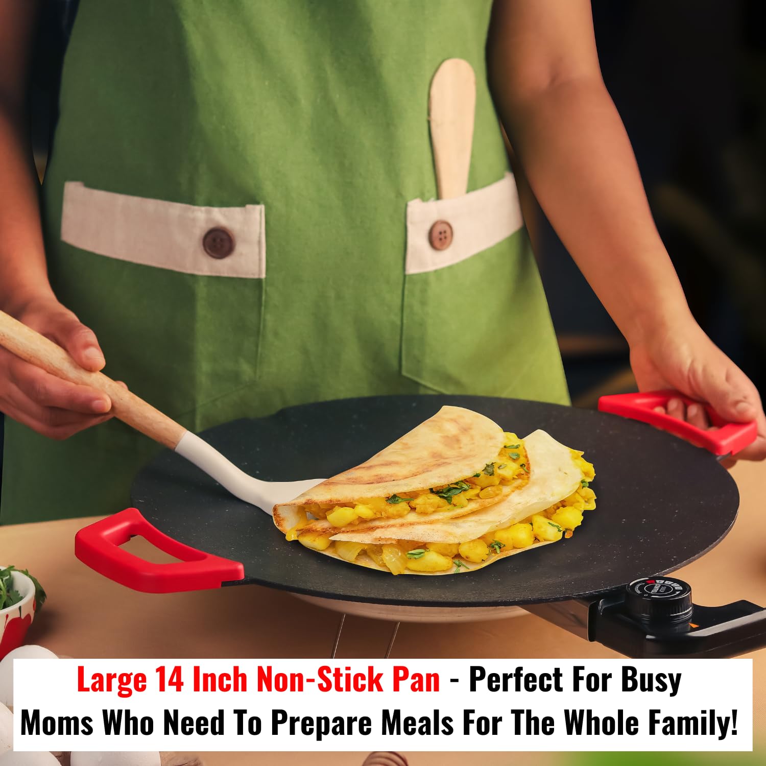 InstaCuppa Portable Electric Tawa 14 Inch (35 CM) with Temperature Control - Ideal for Dosa, Roti, Chapati, Uthappam, Paratha, Naan - Large Non-Stick Surface - Safe, Quick & Even Heating, 1500 Watts