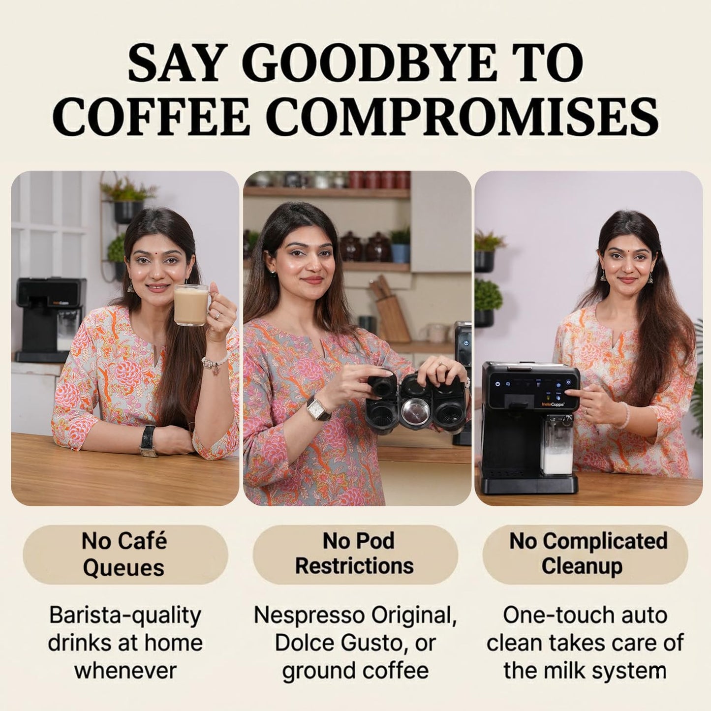 InstaCuppa Espresso Coffee Maker with Built-In Milk Frother - Nespresso Original, Dolce Gusto and Ground Coffee Compatible, One-Touch 4 Cafe-Style Drinks, Adjustable Volume Control