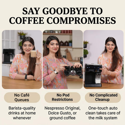 InstaCuppa Espresso Coffee Maker with Built-In Milk Frother - Nespresso Original, Dolce Gusto and Ground Coffee Compatible, One-Touch 4 Cafe-Style Drinks, Adjustable Volume Control
