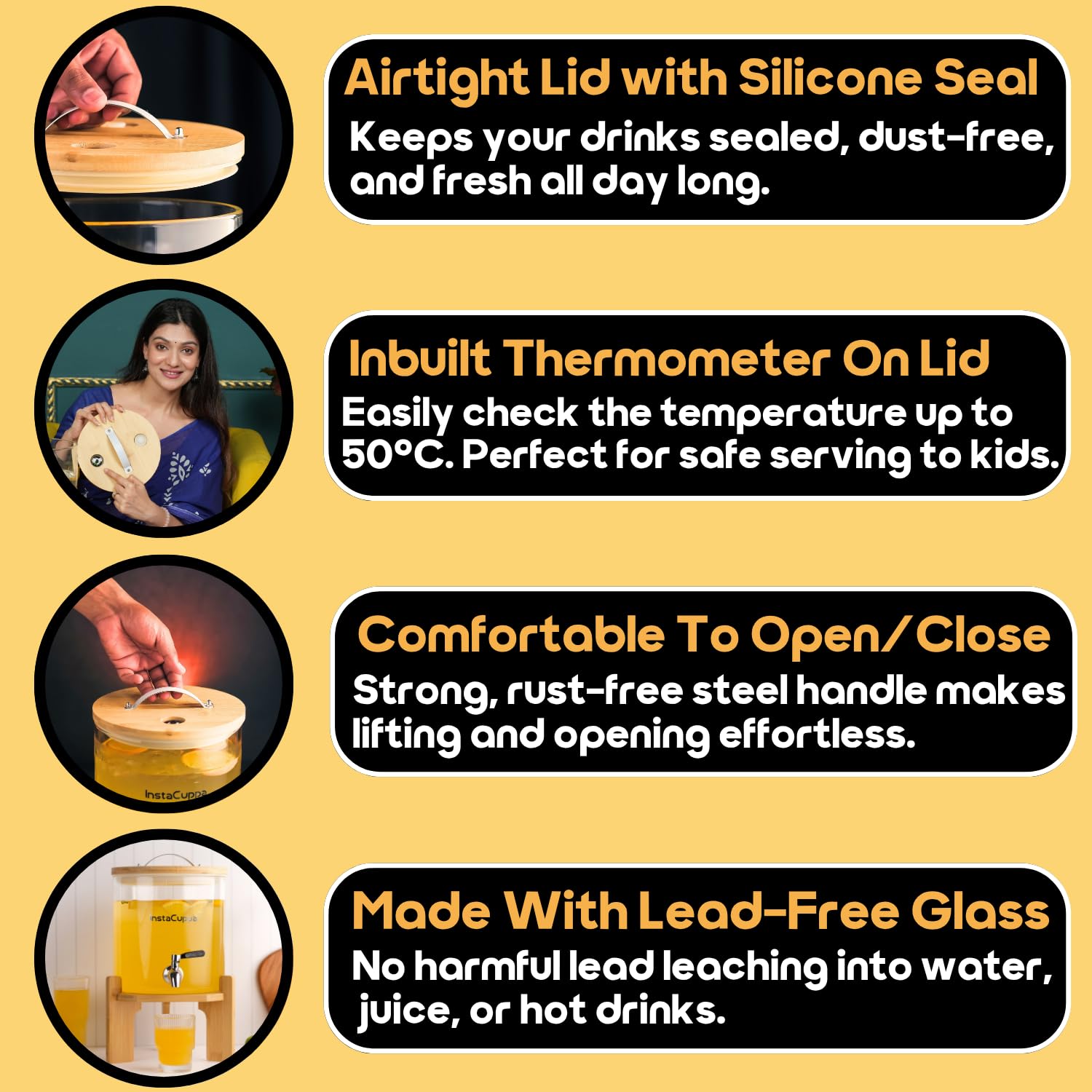 InstaCuppa 5L Glass Beverage Dispenser for Busy Moms | Inbuilt Thermometer | Thick Borosilicate Glass | Bamboo Stand, Steel Tap | for Juices, Hot & Iced Drinks, Parties & Picnics