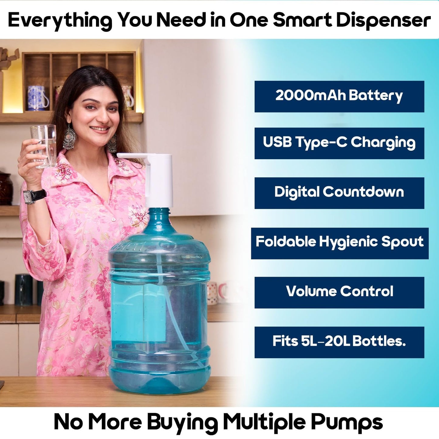 InstaCuppa Automatic Water Dispenser for Gallon Bottles | 2000mAh Rechargeable USB Type-C | Digital Display with Countdown Timer | Foldable Hygienic Spout & Food-Grade Silicone Hose