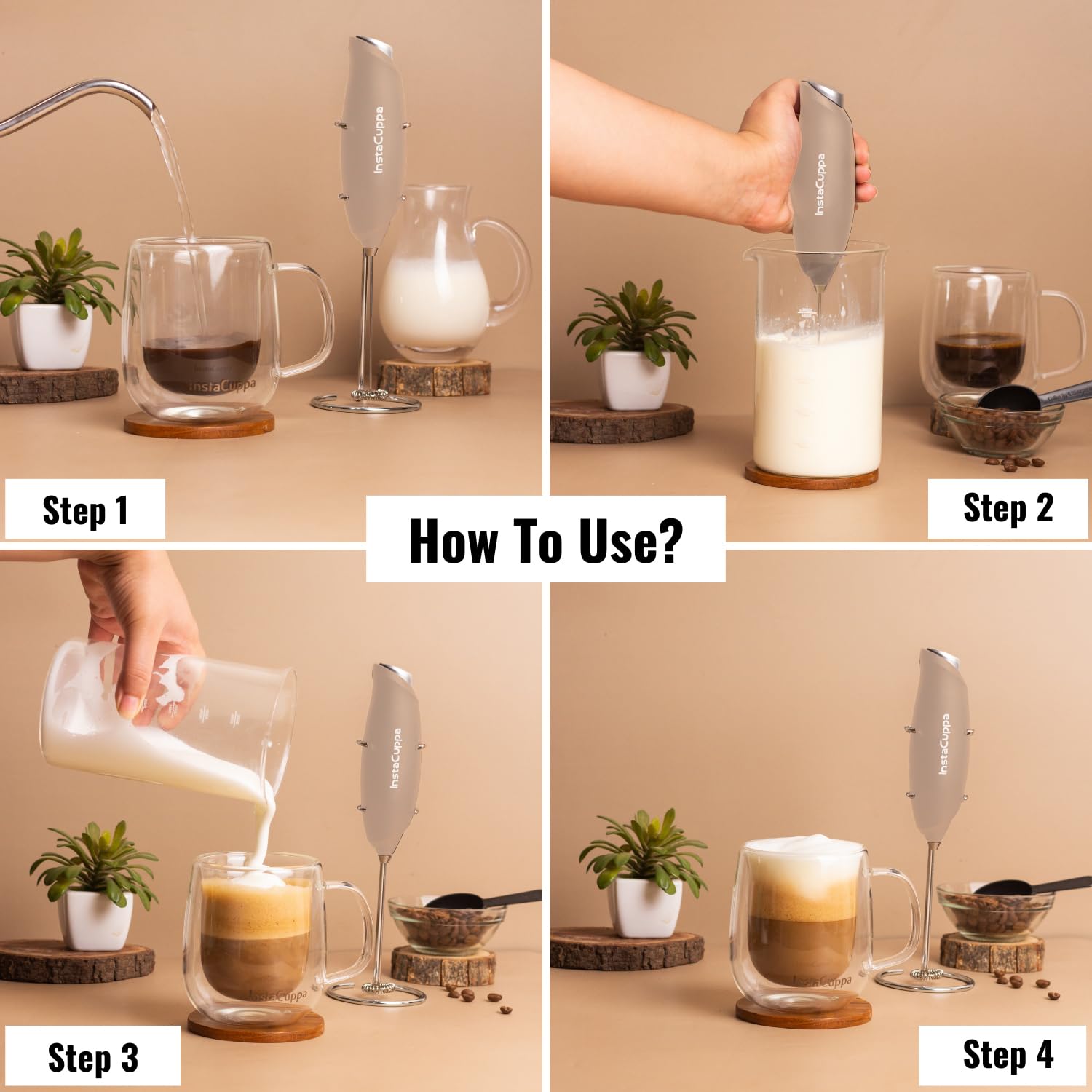 InstaCuppa Milk Frother for Coffee - Handheld Battery-Operated Electric Milk and Coffee Frother, Stainless Steel Whisk and Stand, Portable Foam Maker for Coffee - Upgraded Version