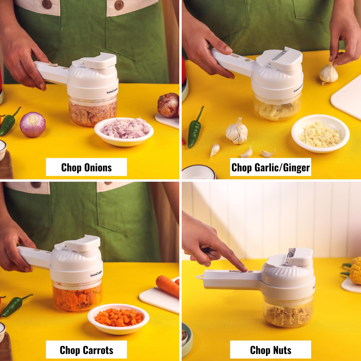 InstaCuppa 3-in-1 Rechargeable Kitchen Chopper, Peeler, and Scrubber - 250ml - Time-Saving Solution for Busy Moms, 250 ml
