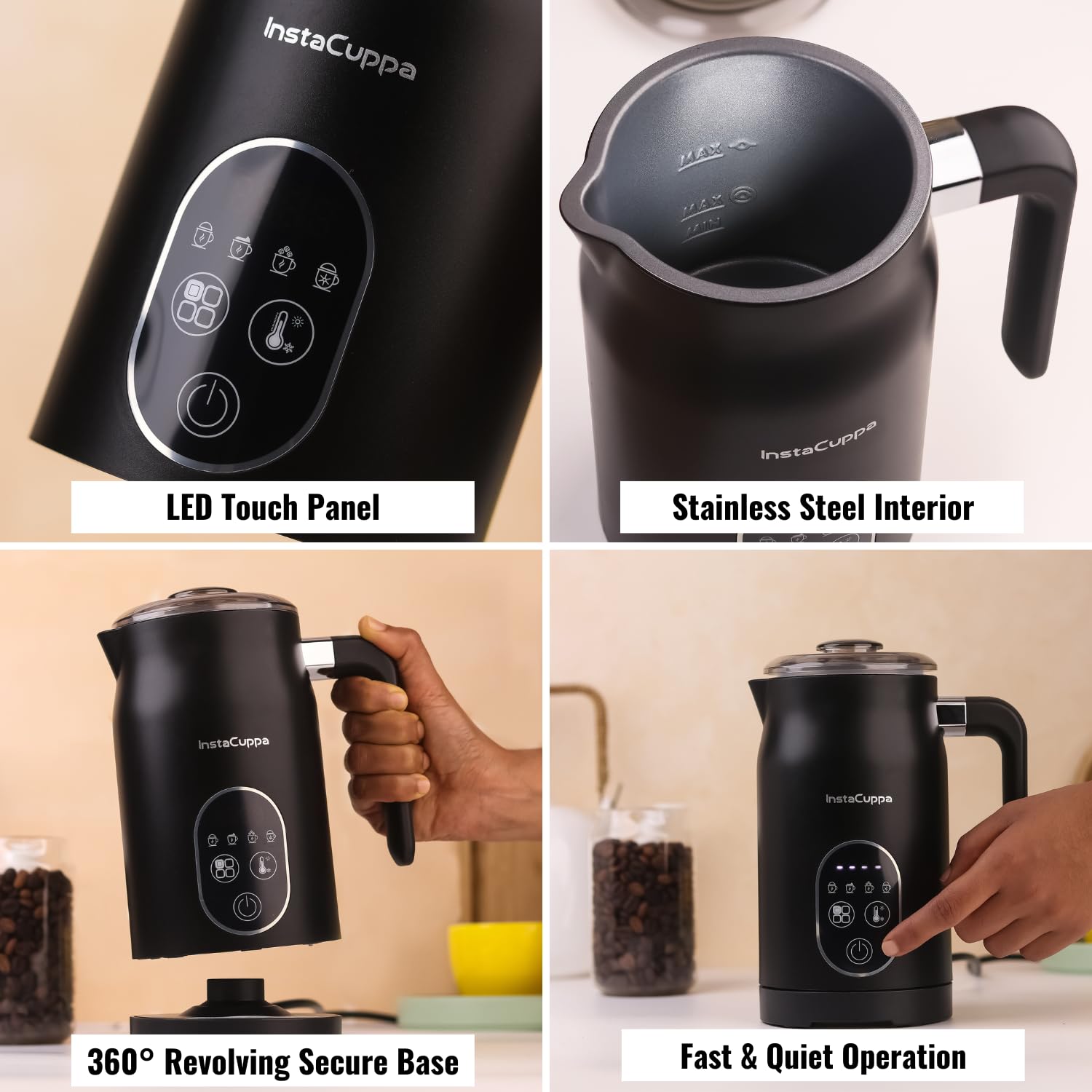 InstaCuppa 4-in-1 Electric Milk Frother with Smart Temperature Control - Touch Panel - Versatile Hot & Cold Foam Maker and Milk Warmer, Ideal for Lattes, Cappuccinos, Hot Chocolate - 500 Watts Black