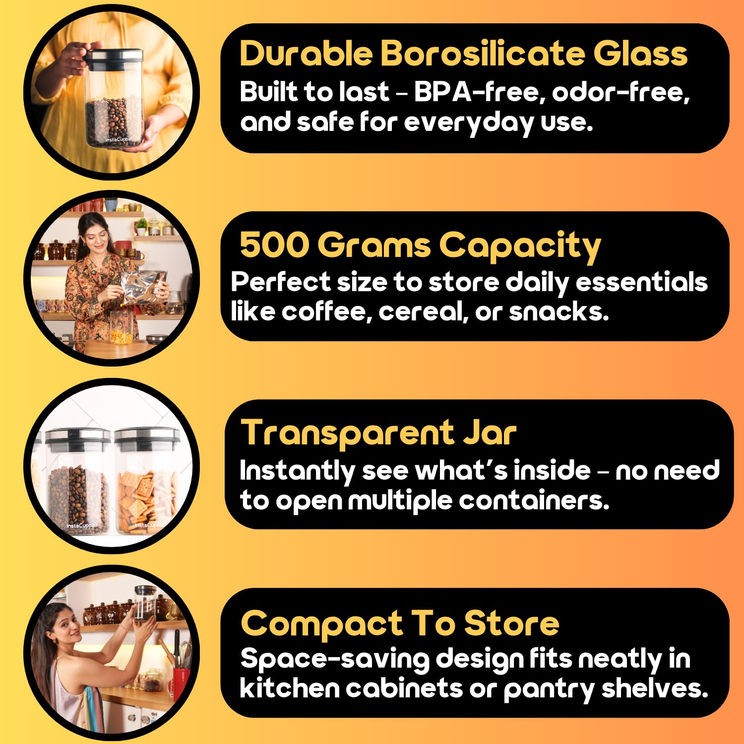 InstaCuppa Rechargeable Vacuum Canister 500g | Airtight Storage with 30kPa Vacuum Seal | USB-C Powered | 300+ Uses per Charge | LED Touch | Borosilicate Glass Jar for Coffee, Cereal & Chocolate Powder