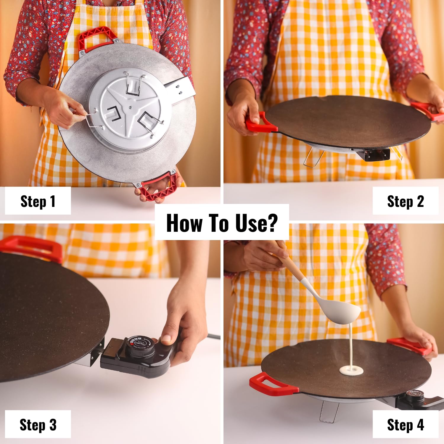 InstaCuppa Portable Electric Tawa 14 Inch (35 CM) with Temperature Control - Ideal for Dosa, Roti, Chapati, Uthappam, Paratha, Naan - Large Non-Stick Surface - Safe, Quick & Even Heating, 1500 Watts