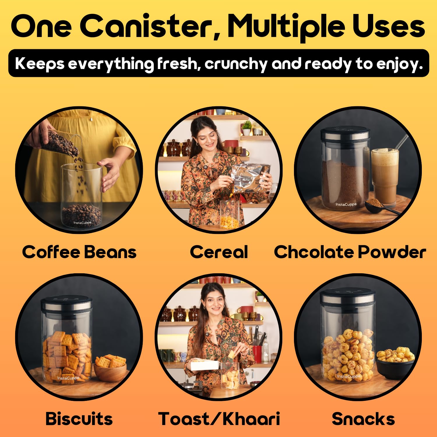 InstaCuppa Rechargeable Vacuum Canister 500g | Airtight Storage with 30kPa Vacuum Seal | USB-C Powered | 300+ Uses per Charge | LED Touch | Borosilicate Glass Jar for Coffee, Cereal & Chocolate Powder