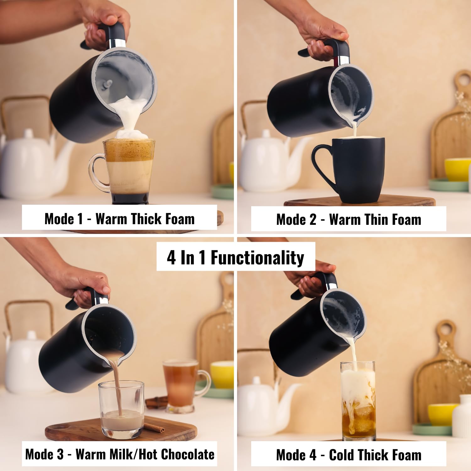 InstaCuppa 4-in-1 Electric Milk Frother with Smart Temperature Control - Touch Panel - Versatile Hot & Cold Foam Maker and Milk Warmer, Ideal for Lattes, Cappuccinos, Hot Chocolate - 500 Watts Black