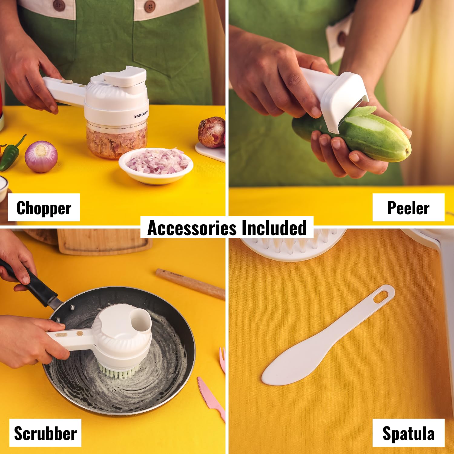 InstaCuppa 3-in-1 Rechargeable Kitchen Chopper, Peeler, and Scrubber - 250ml - Time-Saving Solution for Busy Moms, 250 ml