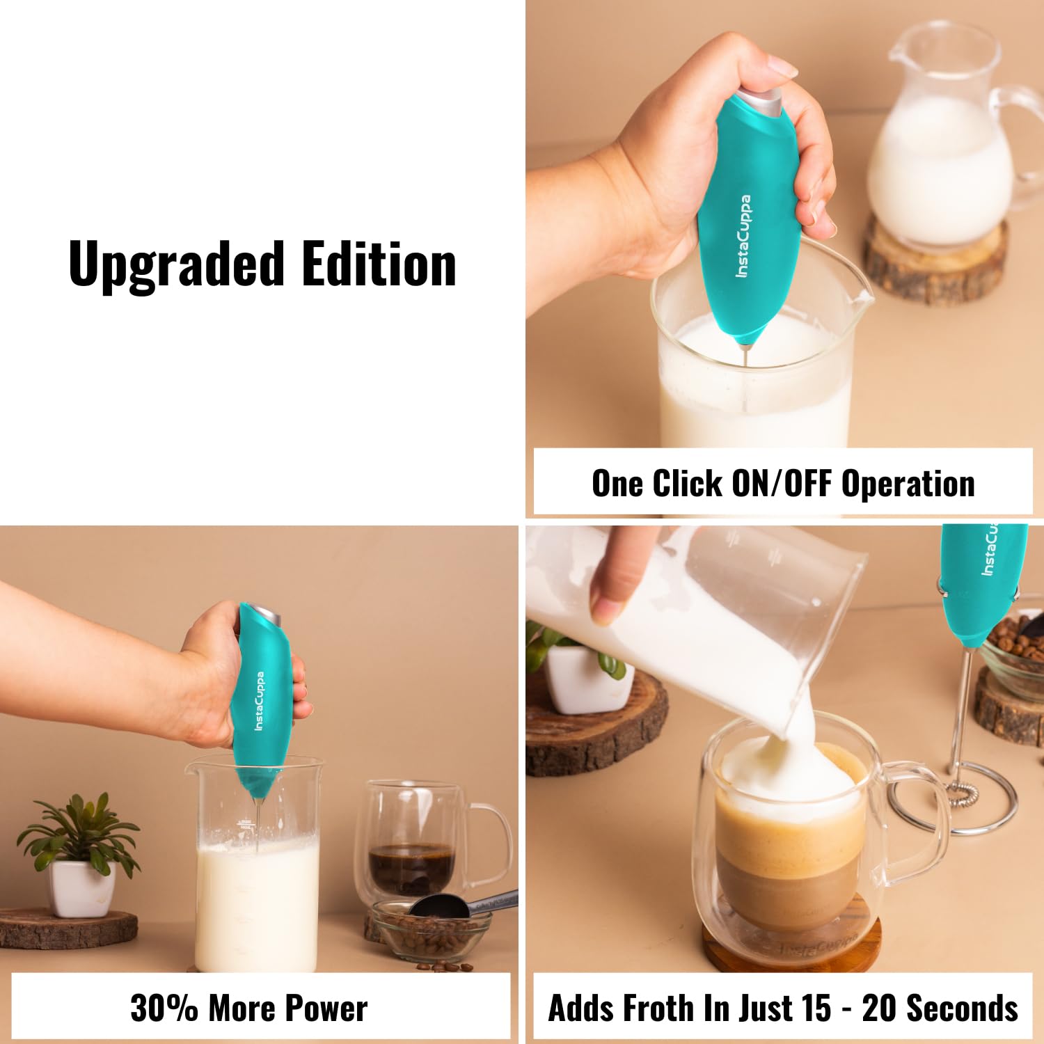 InstaCuppa Milk Frother for Coffee - Handheld Battery-Operated Electric Milk and Coffee Frother, Stainless Steel Whisk and Stand, Portable Foam Maker for Coffee - Upgraded Version