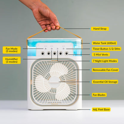 InstaCuppa Portable Humidifier with Fan, Ultrasonic Cool Mist Humidifier 600 ML - 3 Mist Settings, 3 Fan Speeds, 7 Colour LED Light, Timer, USB Powered