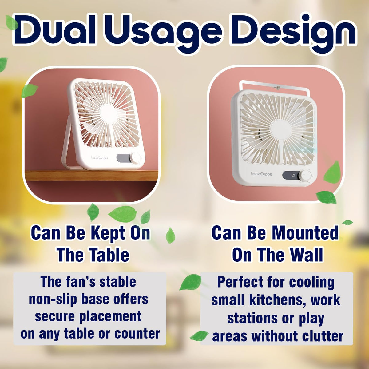InstaCuppa USB Rechargeable Fan with Adjustable Speed - Dual Use Table and Wall Mount, Speed and Battery Display, Aroma Diffuser, Quiet Under 40 dB