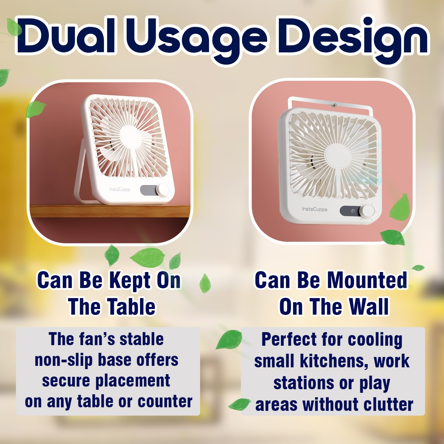 InstaCuppa USB Rechargeable Fan with Adjustable Speed - Dual Use Table and Wall Mount, Speed and Battery Display, Aroma Diffuser, Quiet Under 40 dB