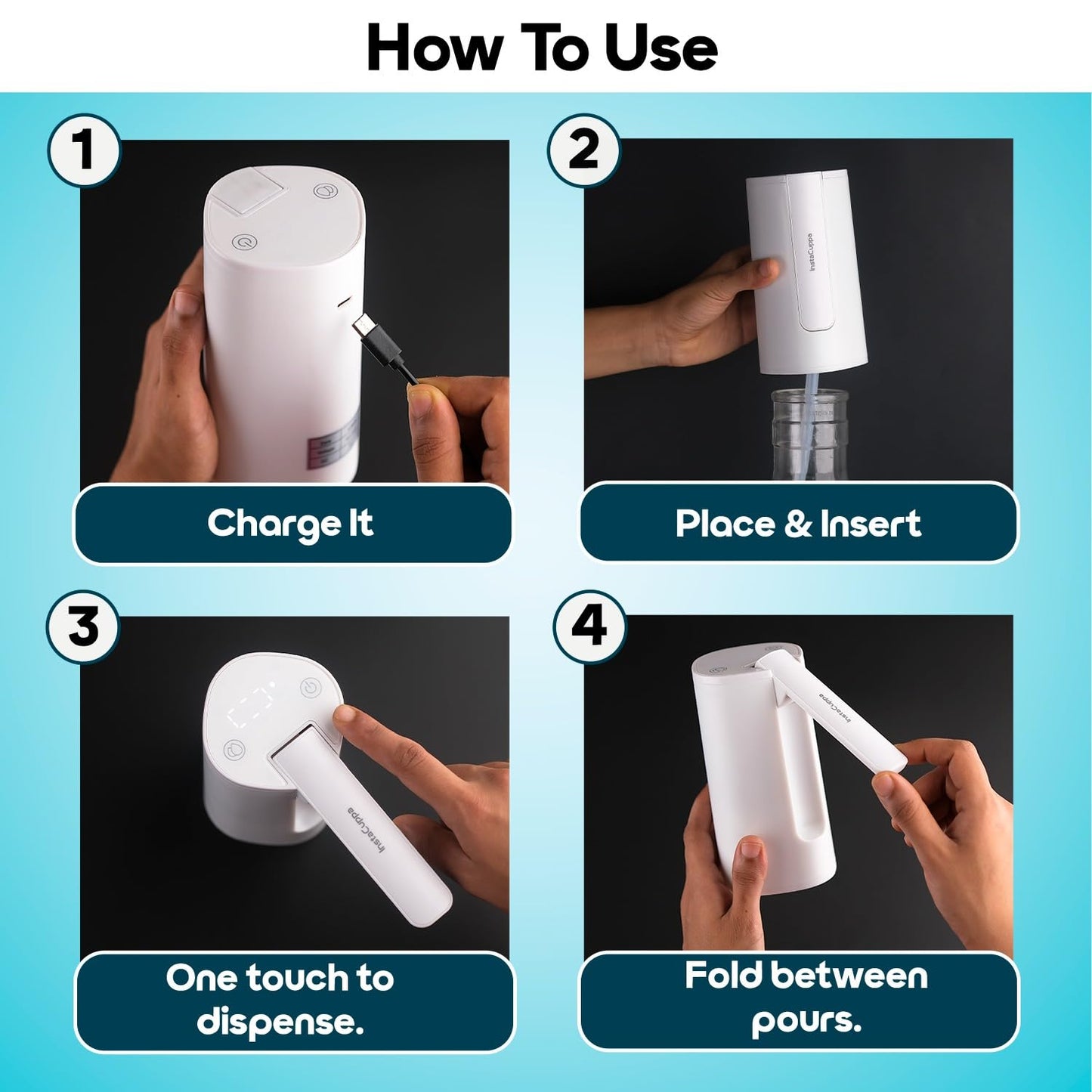 InstaCuppa Automatic Water Dispenser for Gallon Bottles | 2000mAh Rechargeable USB Type-C | Digital Display with Countdown Timer | Foldable Hygienic Spout & Food-Grade Silicone Hose