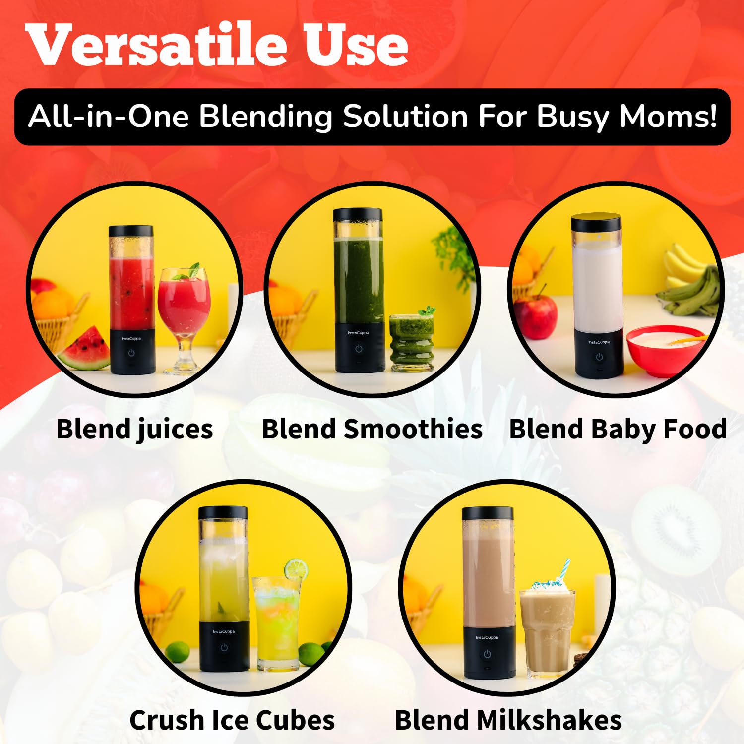 InstaCuppa Ultra Slim Portable Blender Bottle – 180W Power, 3000mAh Battery, USB Type-C Rechargeable, 6 Stainless Steel Blades, 480ml Capacity with Markings, Magnetic Lock Safety (Upgraded Edition)