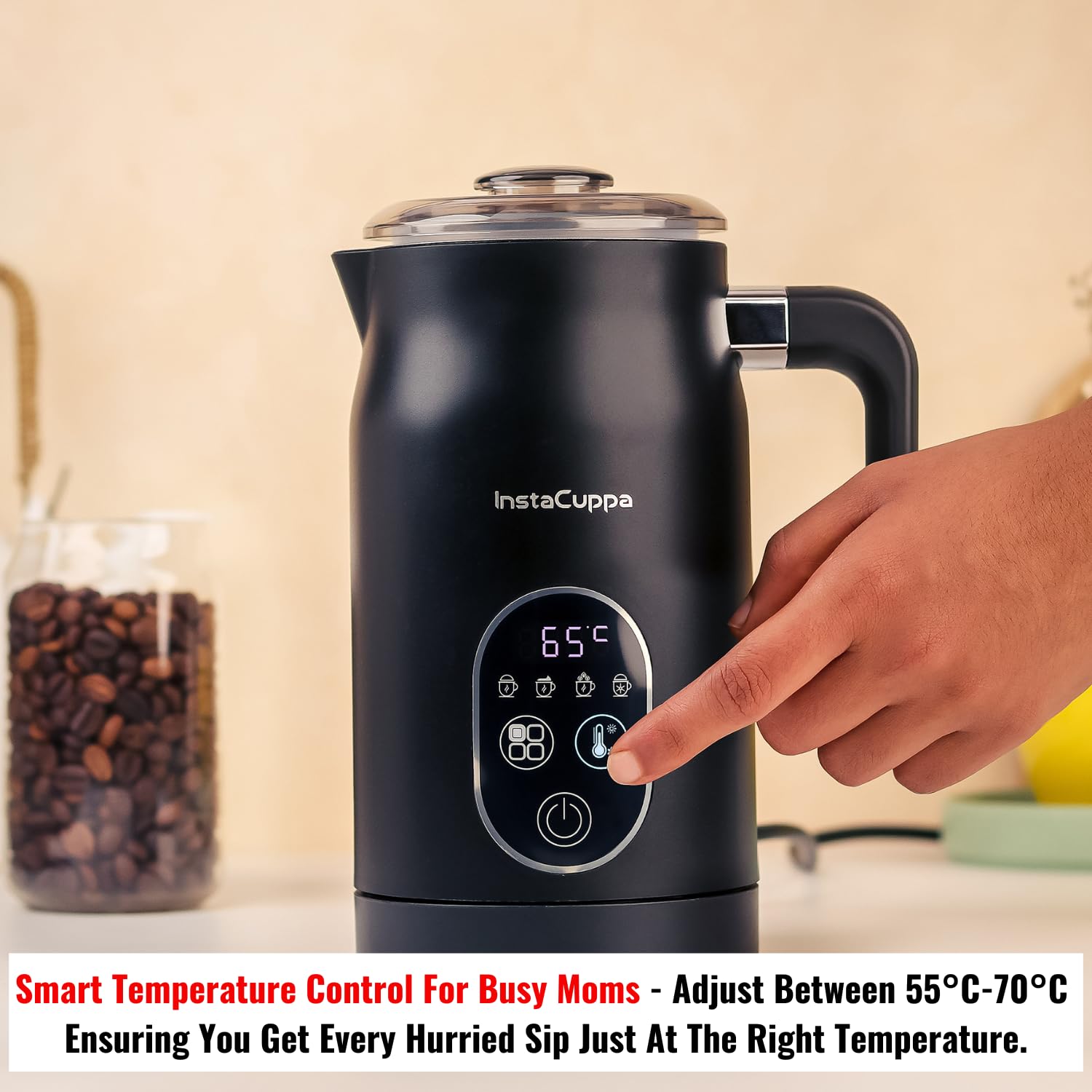 InstaCuppa 4-in-1 Electric Milk Frother with Smart Temperature Control - Touch Panel - Versatile Hot & Cold Foam Maker and Milk Warmer, Ideal for Lattes, Cappuccinos, Hot Chocolate - 500 Watts Black