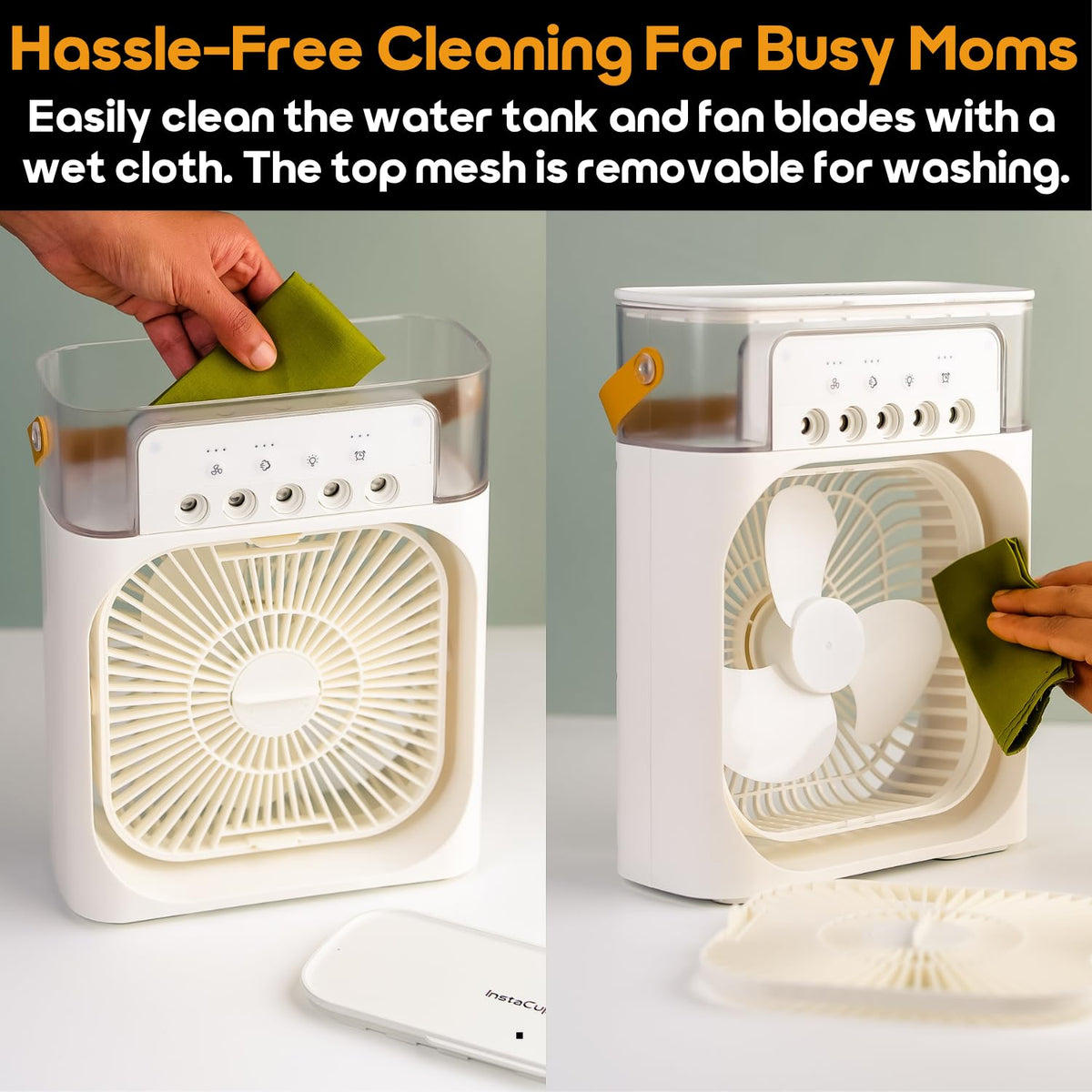 InstaCuppa Portable Humidifier with Fan, Ultrasonic Cool Mist Humidifier 600 ML - 3 Mist Settings, 3 Fan Speeds, 7 Colour LED Light, Timer, USB Powered