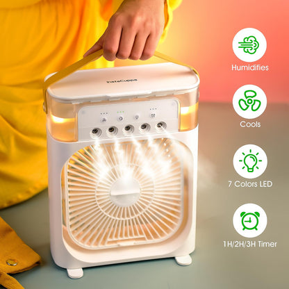 InstaCuppa Portable Humidifier with Fan, Ultrasonic Cool Mist Humidifier 600 ML - 3 Mist Settings, 3 Fan Speeds, 7 Colour LED Light, Timer, USB Powered