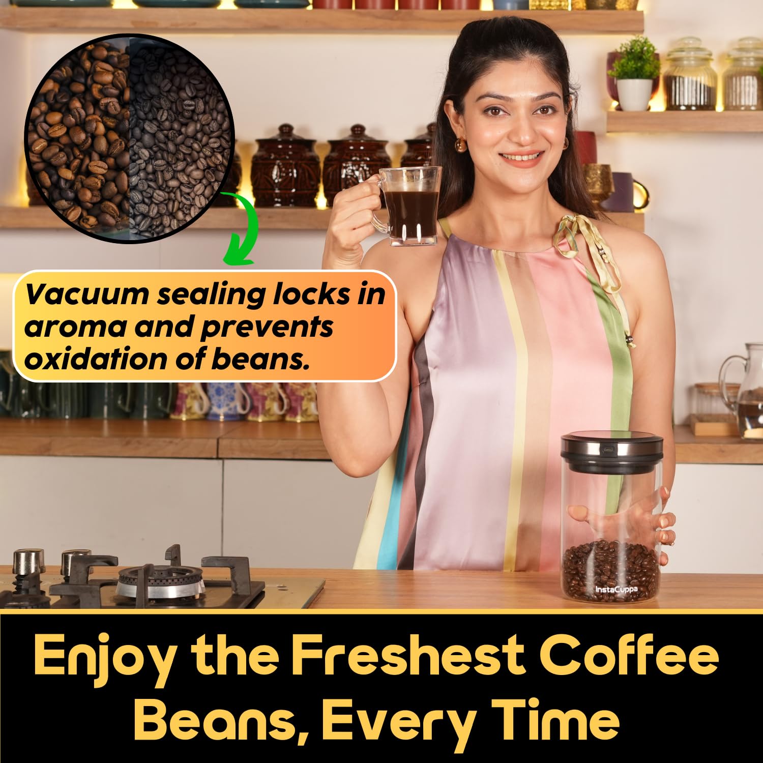 InstaCuppa Rechargeable Vacuum Canister 500g | Airtight Storage with 30kPa Vacuum Seal | USB-C Powered | 300+ Uses per Charge | LED Touch | Borosilicate Glass Jar for Coffee, Cereal & Chocolate Powder