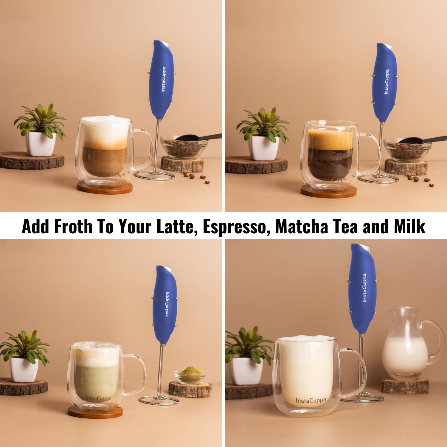 InstaCuppa Milk Frother for Coffee - Handheld Battery-Operated Electric Milk and Coffee Frother, Stainless Steel Whisk and Stand, Portable Foam Maker for Coffee - Upgraded Version