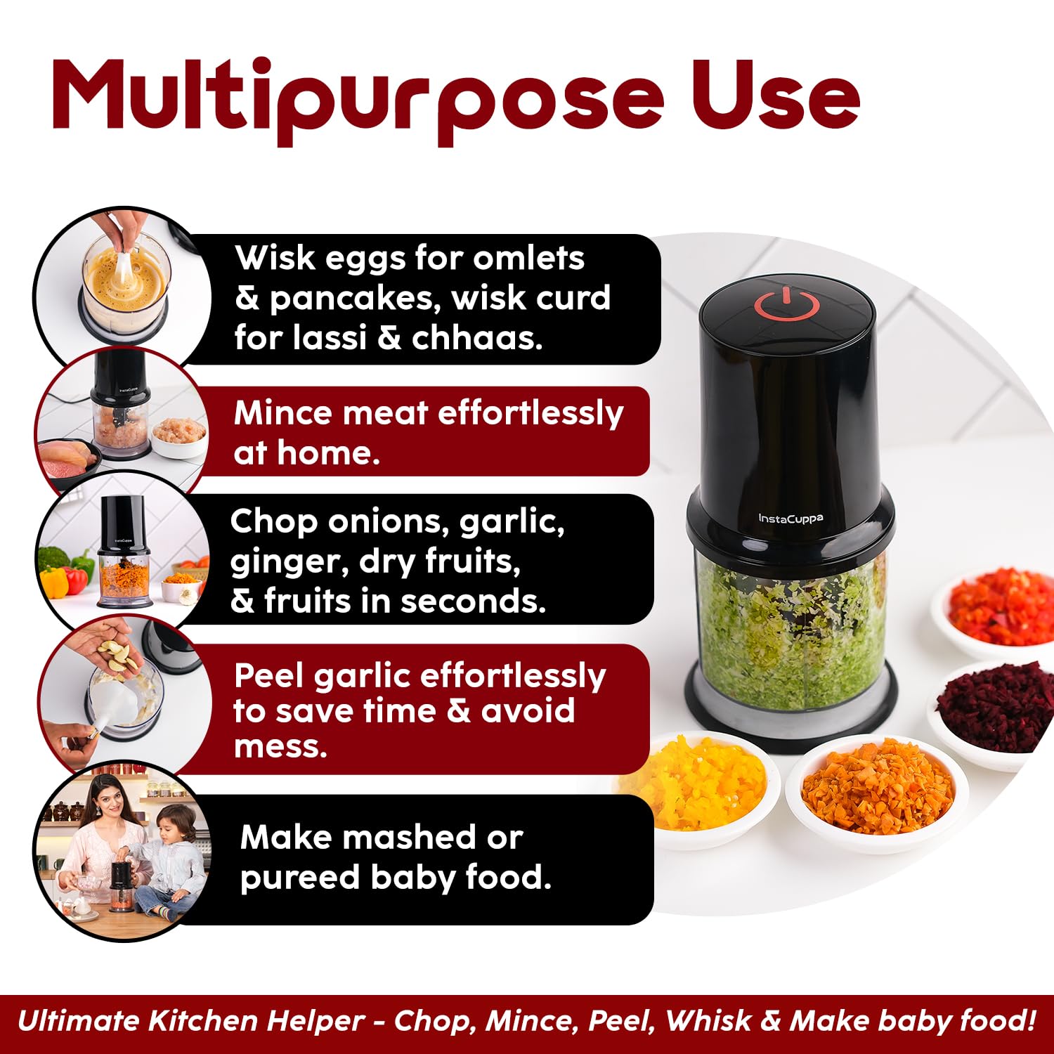 InstaCuppa Electric Chopper with Garlic Peeler, Stainless Steel Blades & Egg Beater Attachments, Busy Mom Kitchen Helper for Chopping, Mincing, Cutting, Grating Meat & Vegetable, 500 ML, 400W