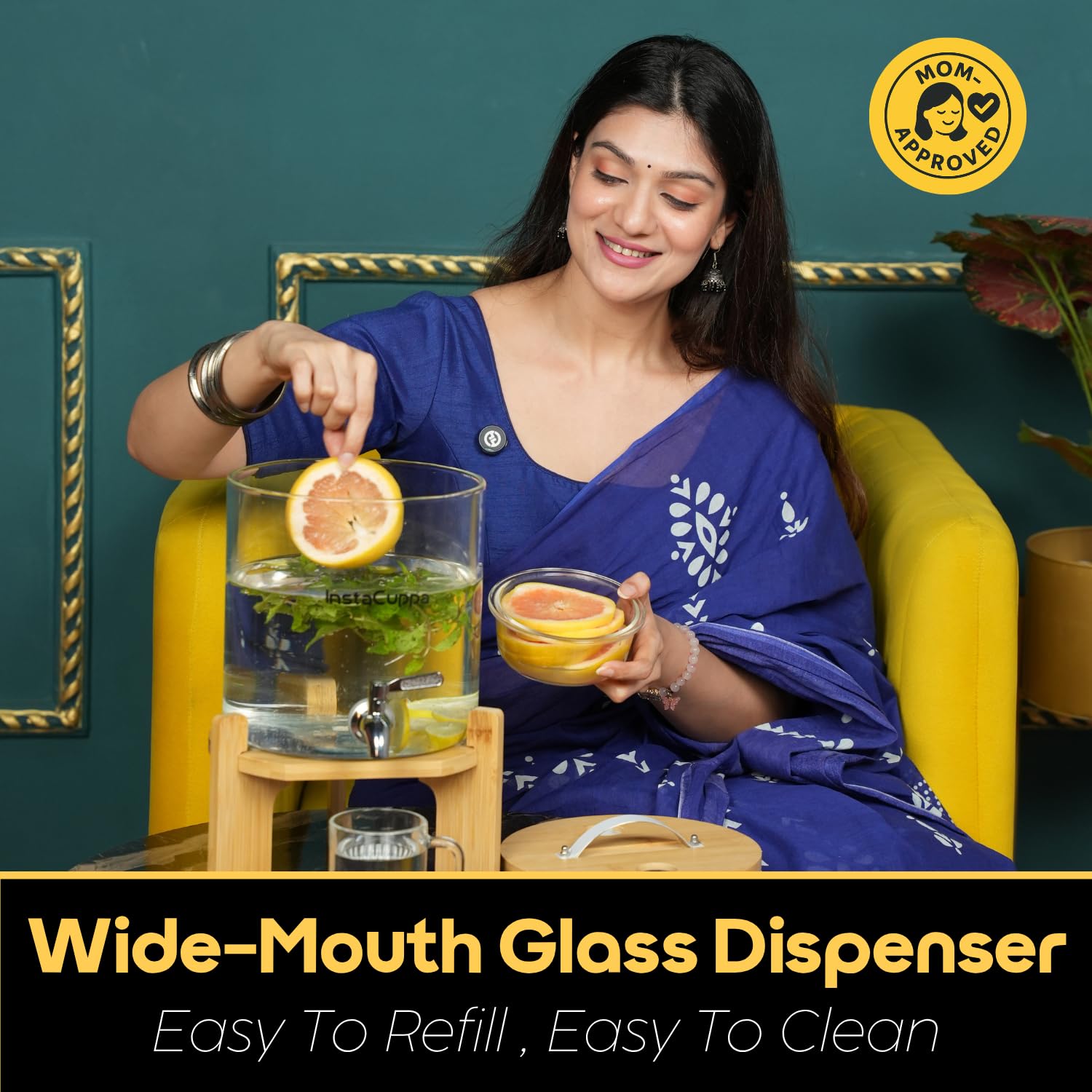 InstaCuppa 5L Glass Beverage Dispenser for Busy Moms | Inbuilt Thermometer | Thick Borosilicate Glass | Bamboo Stand, Steel Tap | for Juices, Hot & Iced Drinks, Parties & Picnics