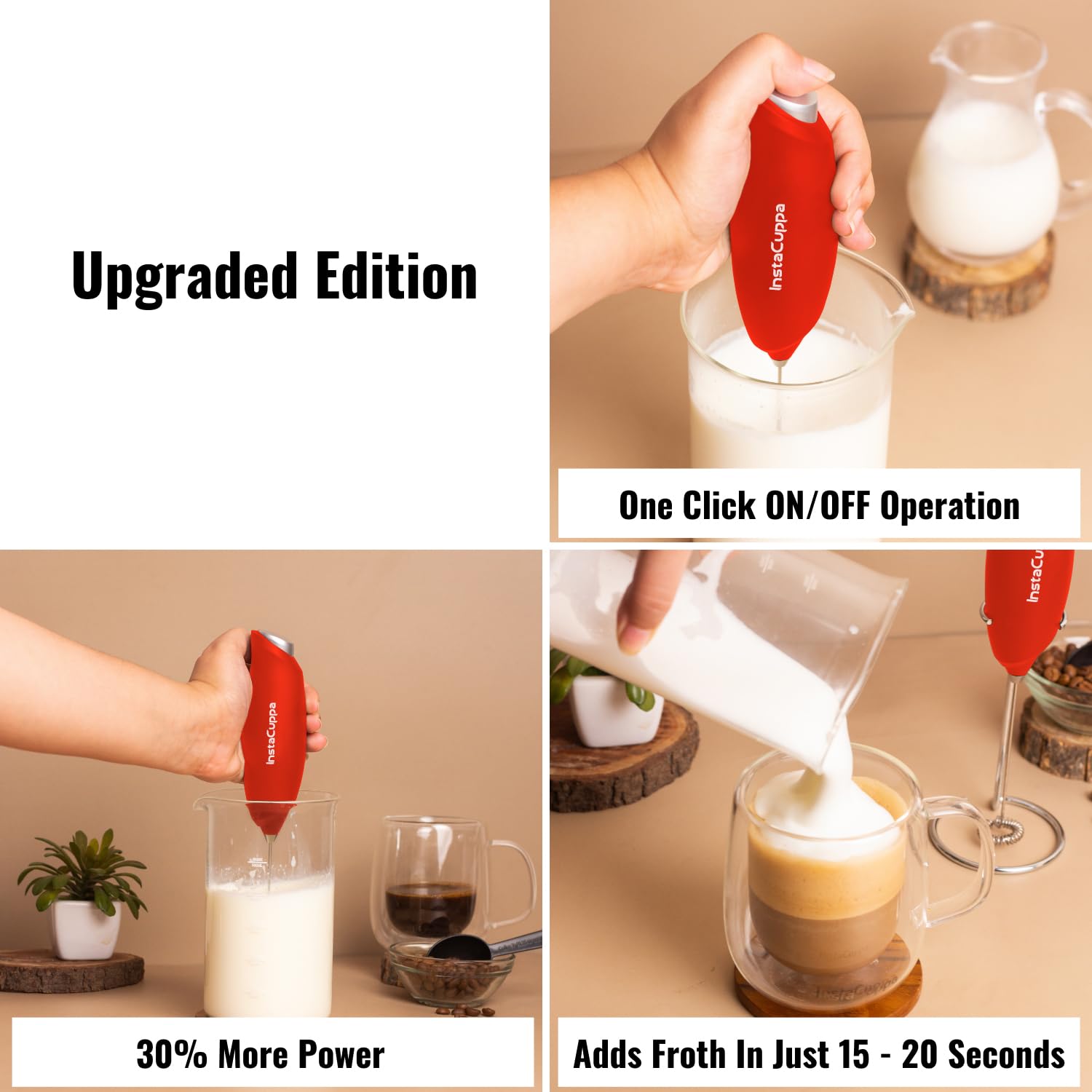 InstaCuppa Milk Frother for Coffee - Handheld Battery-Operated Electric Milk and Coffee Frother, Stainless Steel Whisk and Stand, Portable Foam Maker for Coffee - Upgraded Version