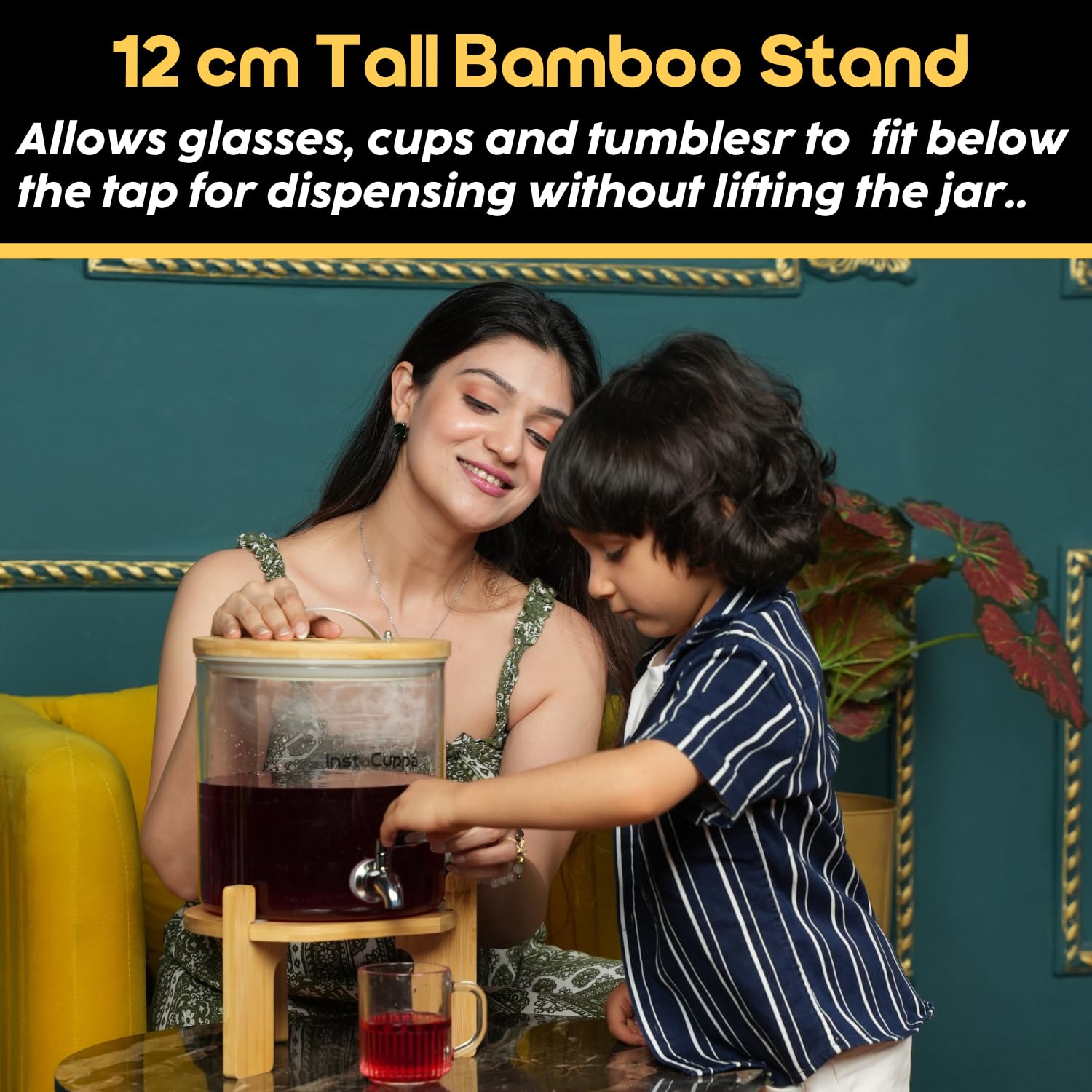 InstaCuppa 5L Glass Beverage Dispenser for Busy Moms | Inbuilt Thermometer | Thick Borosilicate Glass | Bamboo Stand, Steel Tap | for Juices, Hot & Iced Drinks, Parties & Picnics