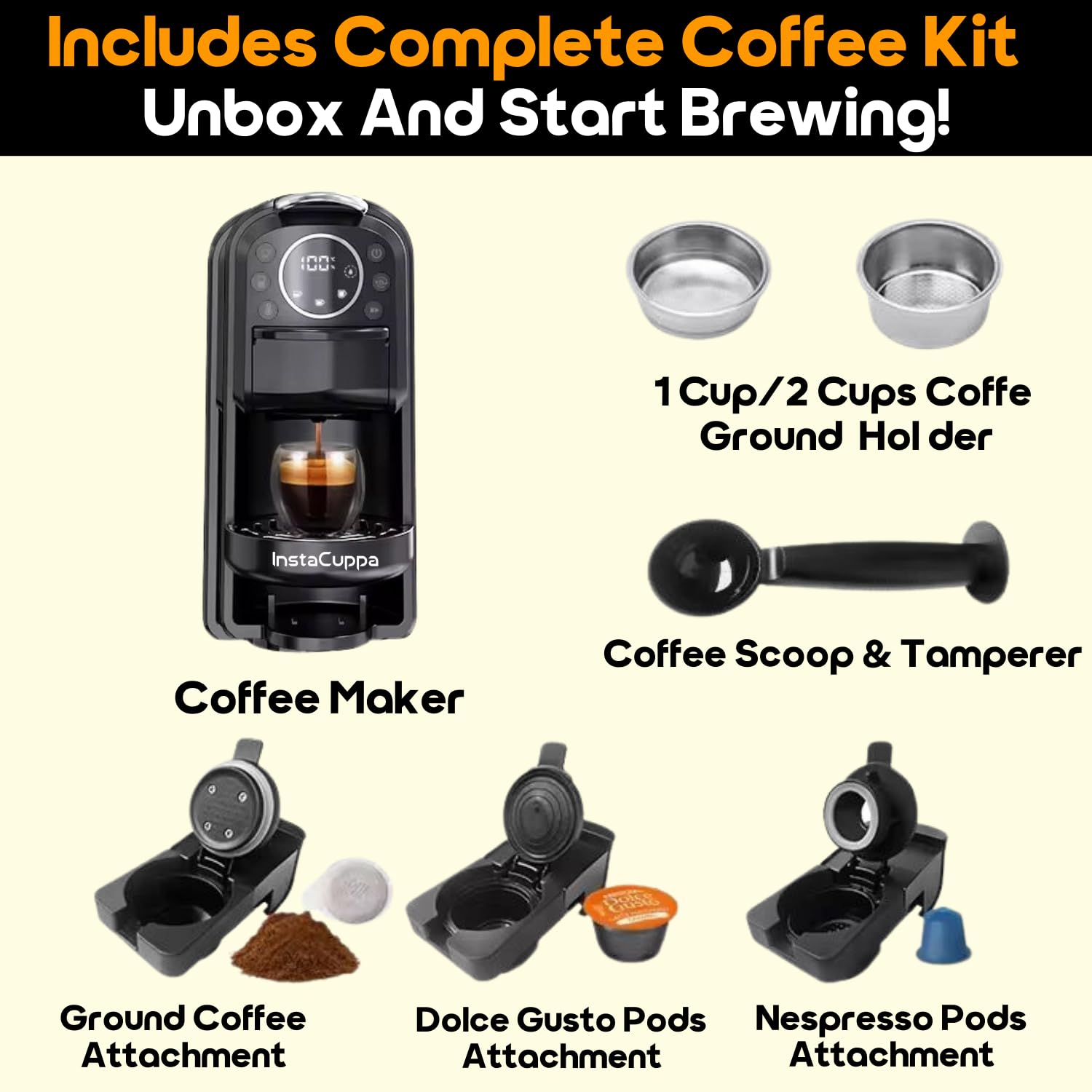InstaCuppa 3-in-1 Espresso Coffee Maker | Works with Ground Coffee, Pods & Capsules | Electric Kettle Mode with Temperature Control | Adjustable Volume | Self-Cleaning | LED Touch Control and Display