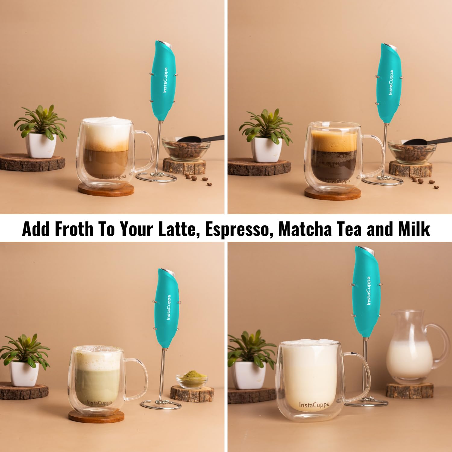 InstaCuppa Milk Frother for Coffee - Handheld Battery-Operated Electric Milk and Coffee Frother, Stainless Steel Whisk and Stand, Portable Foam Maker for Coffee - Upgraded Version