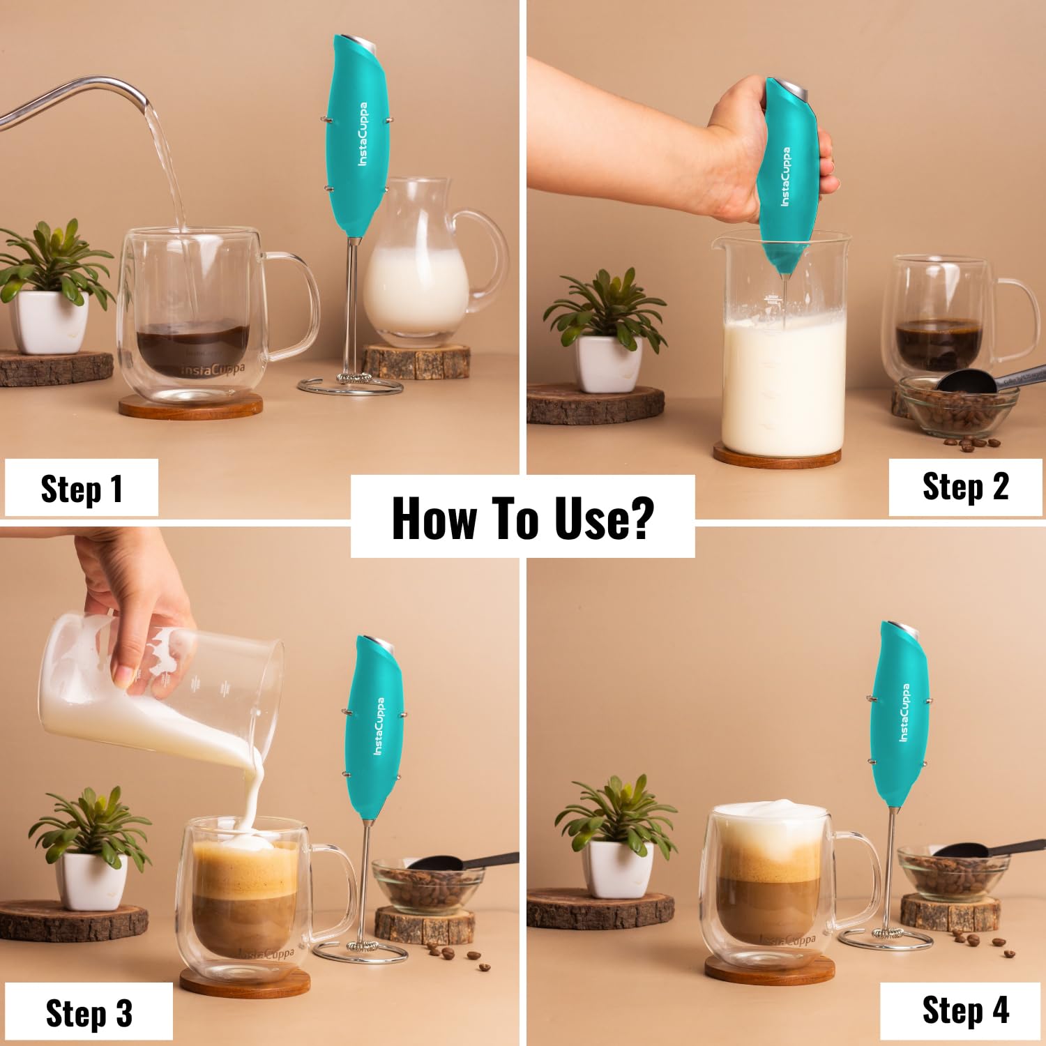 InstaCuppa Milk Frother for Coffee - Handheld Battery-Operated Electric Milk and Coffee Frother, Stainless Steel Whisk and Stand, Portable Foam Maker for Coffee - Upgraded Version