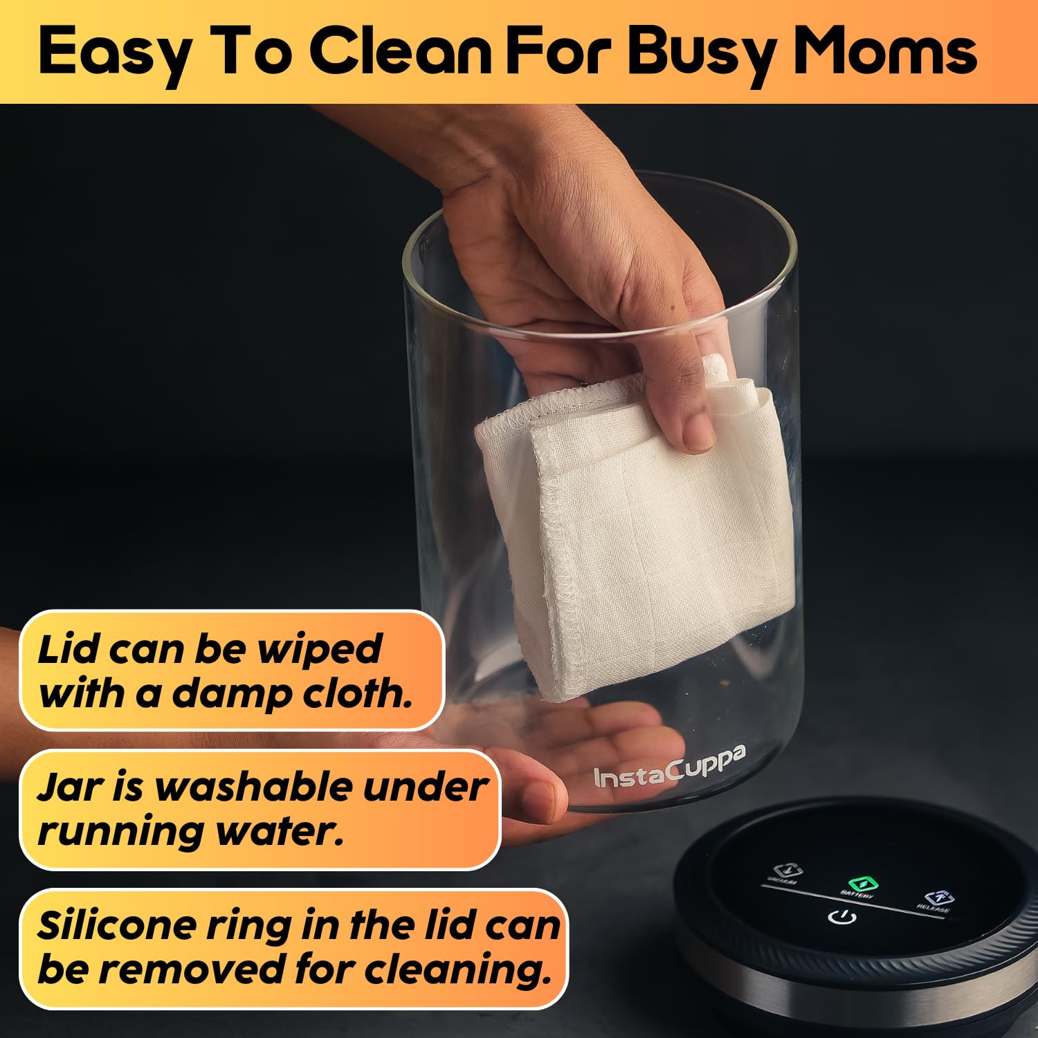 InstaCuppa Rechargeable Vacuum Canister 500g | Airtight Storage with 30kPa Vacuum Seal | USB-C Powered | 300+ Uses per Charge | LED Touch | Borosilicate Glass Jar for Coffee, Cereal & Chocolate Powder