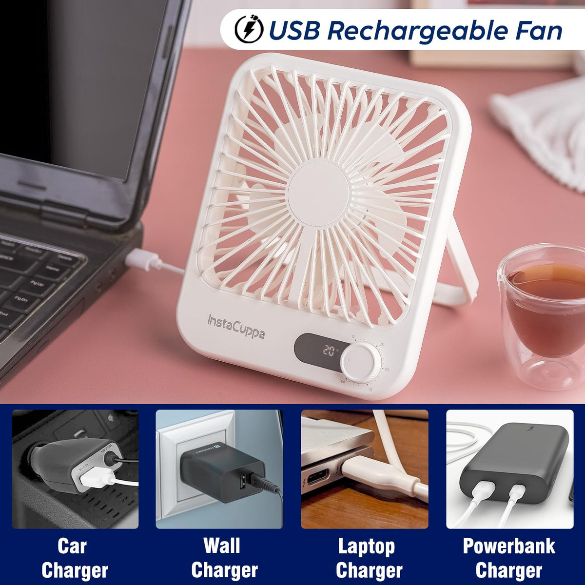 InstaCuppa USB Rechargeable Fan with Adjustable Speed - Dual Use Table and Wall Mount, Speed and Battery Display, Aroma Diffuser, Quiet Under 40 dB