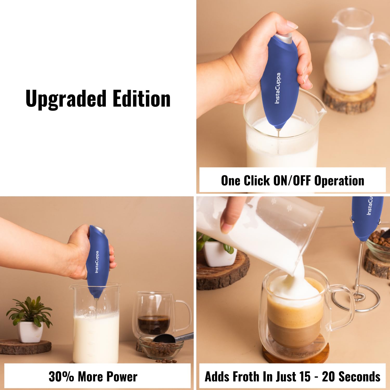 InstaCuppa Milk Frother for Coffee - Handheld Battery-Operated Electric Milk and Coffee Frother, Stainless Steel Whisk and Stand, Portable Foam Maker for Coffee - Upgraded Version