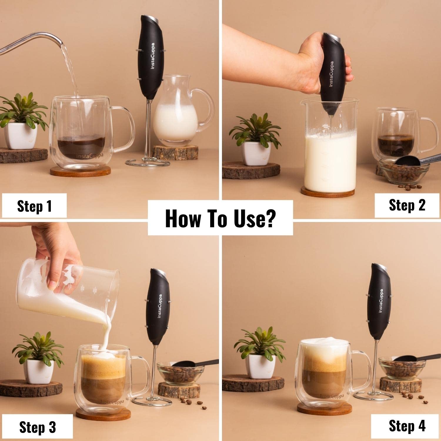 InstaCuppa Milk Frother for Coffee - Handheld Battery Operated Electric Milk and Coffee Frother, Portable Foam Maker with Stainless Steel Stand