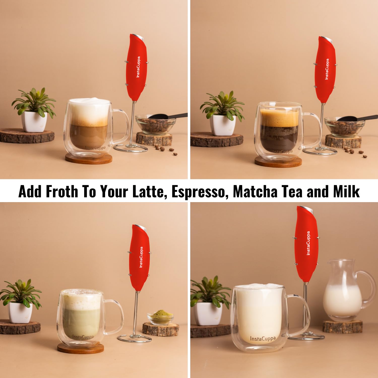 InstaCuppa Milk Frother for Coffee - Handheld Battery-Operated Electric Milk and Coffee Frother, Stainless Steel Whisk and Stand, Portable Foam Maker for Coffee - Upgraded Version
