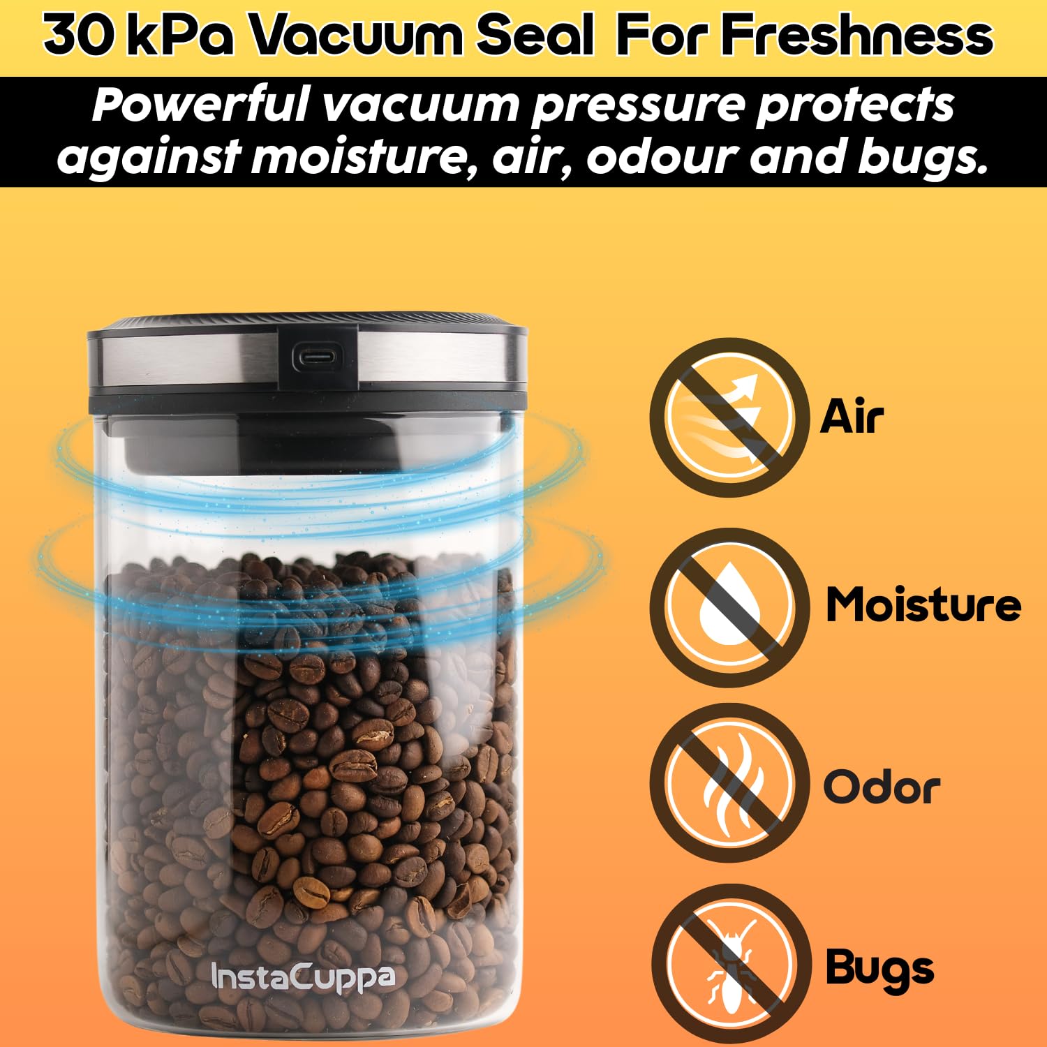 InstaCuppa Rechargeable Vacuum Canister 500g | Airtight Storage with 30kPa Vacuum Seal | USB-C Powered | 300+ Uses per Charge | LED Touch | Borosilicate Glass Jar for Coffee, Cereal & Chocolate Powder