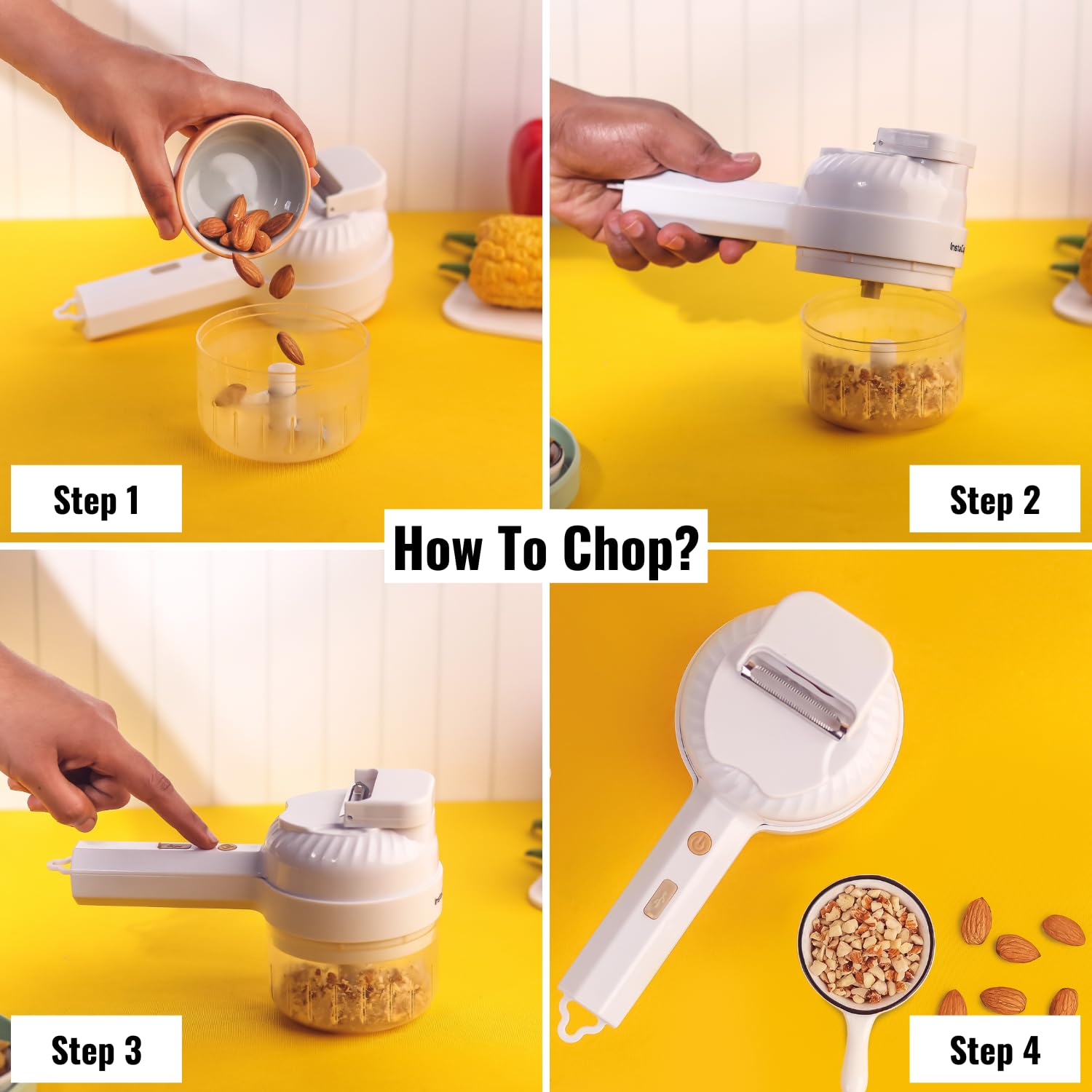 InstaCuppa 3-in-1 Rechargeable Kitchen Chopper, Peeler, and Scrubber - 250ml - Time-Saving Solution for Busy Moms, 250 ml