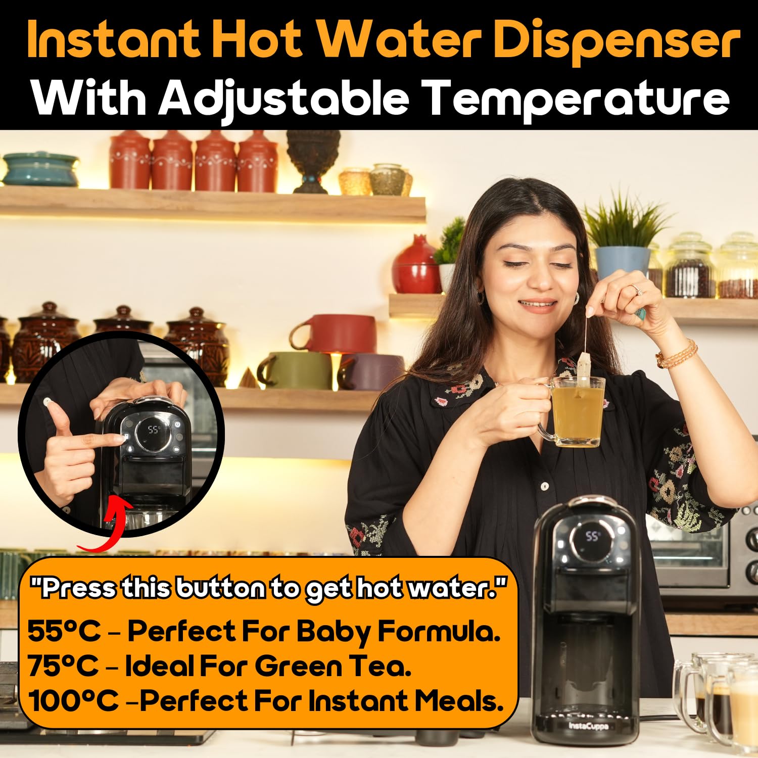 InstaCuppa 3-in-1 Espresso Coffee Maker | Works with Ground Coffee, Pods & Capsules | Electric Kettle Mode with Temperature Control | Adjustable Volume | Self-Cleaning | LED Touch Control and Display